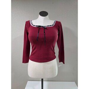 Vintage-Inspired Red Long-Sleeve Top With Lace Trim & Ribbon Bow Detail Square